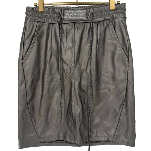 Euro Metallic Silver Faux-Leather Mini Skirt Drawstring Waist Italian Y2K VTG - Picture 1 of 5